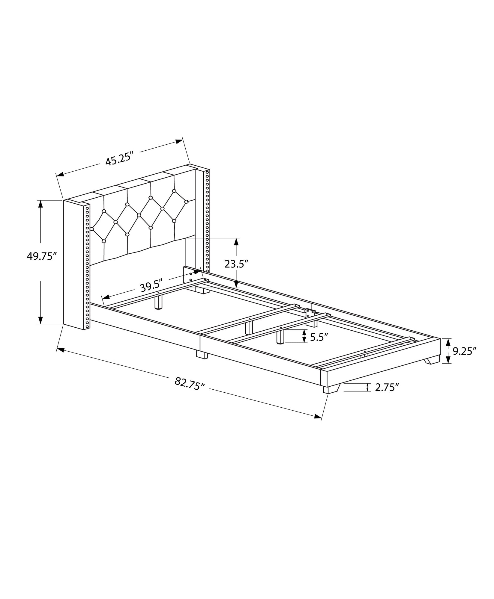 82.75" X 45.25" X 49.75" Light Grey Velvet With Chrome Trim Twin Bed