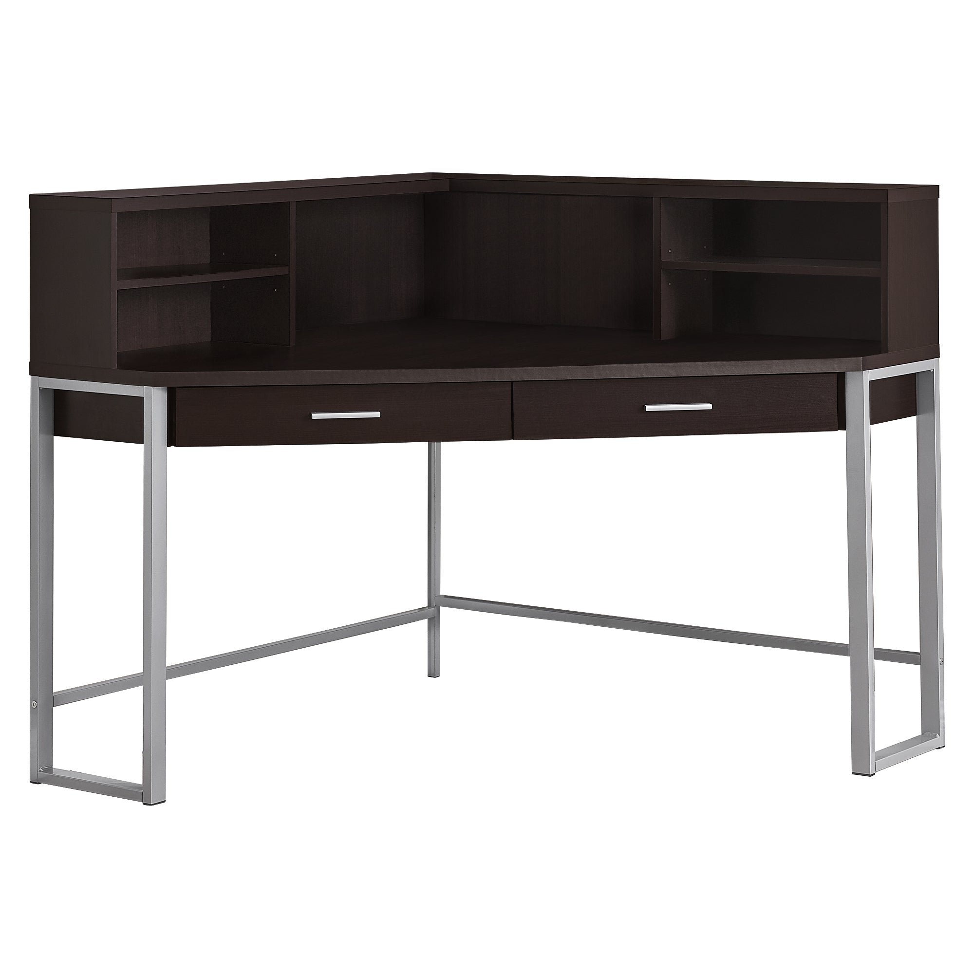 47.5" X 47.5" X 42" Cappuccino Silver Metal Corner Computer Desk
