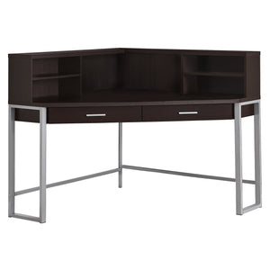 47.5" X 47.5" X 42" Cappuccino Silver Metal Corner Computer Desk