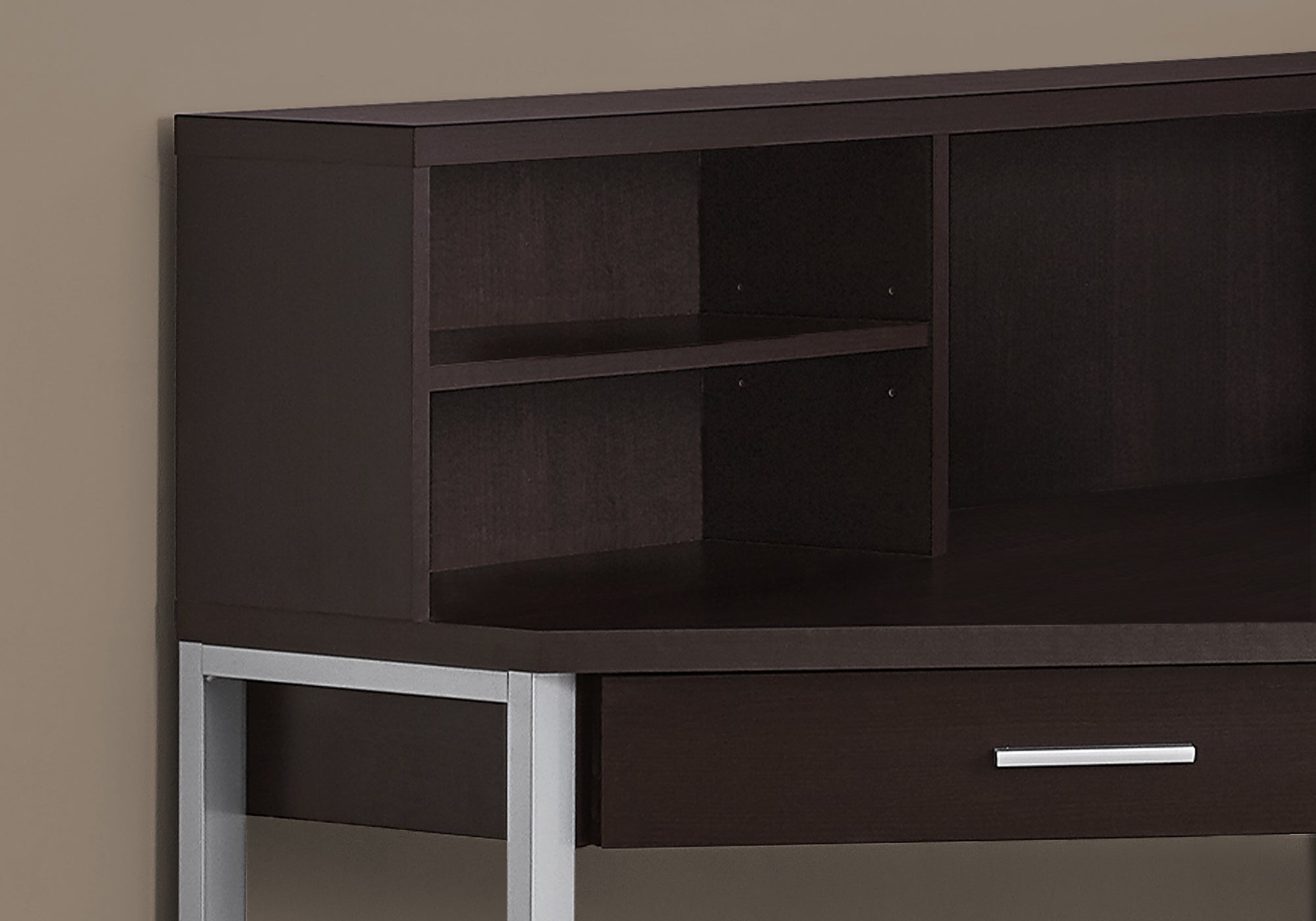 47.5" X 47.5" X 42" Cappuccino Silver Metal Corner Computer Desk
