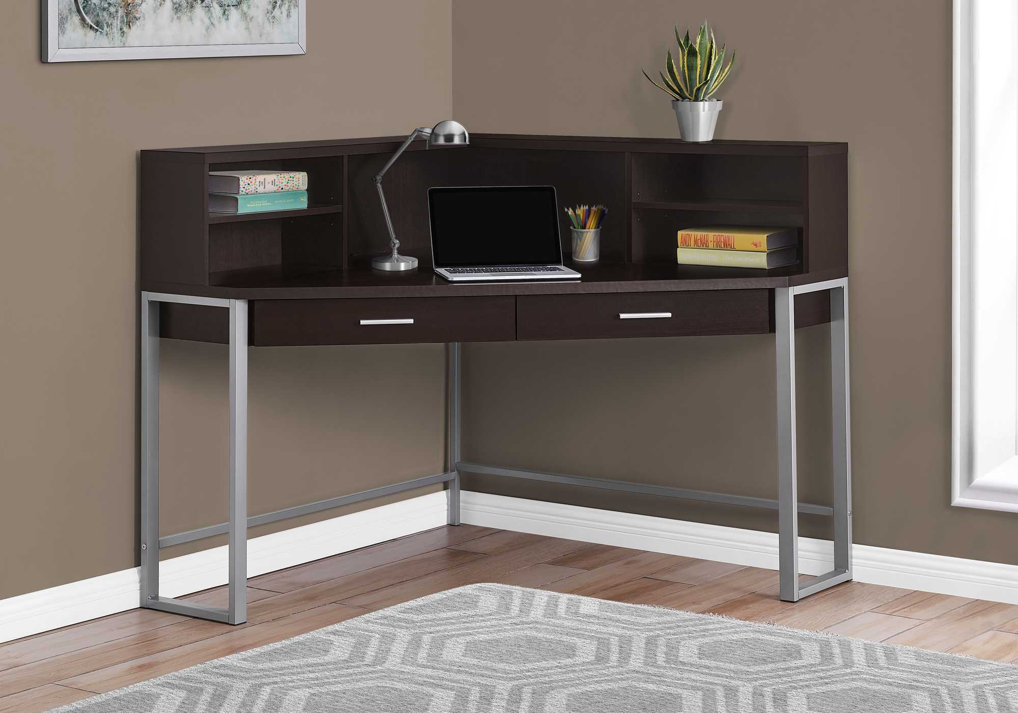 47.5" X 47.5" X 42" Cappuccino Silver Metal Corner Computer Desk