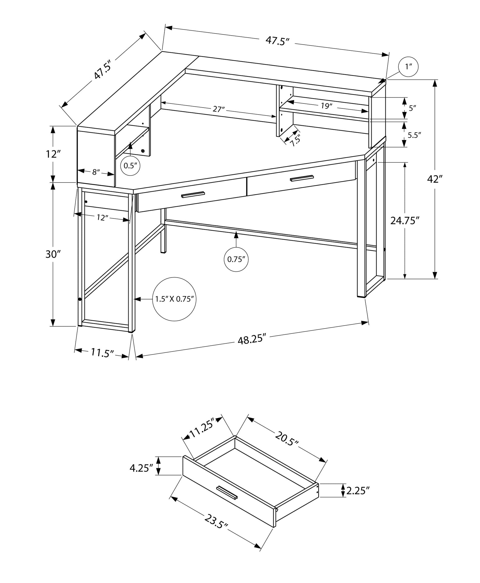 47.5" X 47.5" X 42" Cappuccino Silver Metal Corner Computer Desk