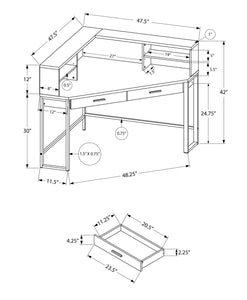 47.5" X 47.5" X 42" Cappuccino Silver Metal Corner Computer Desk