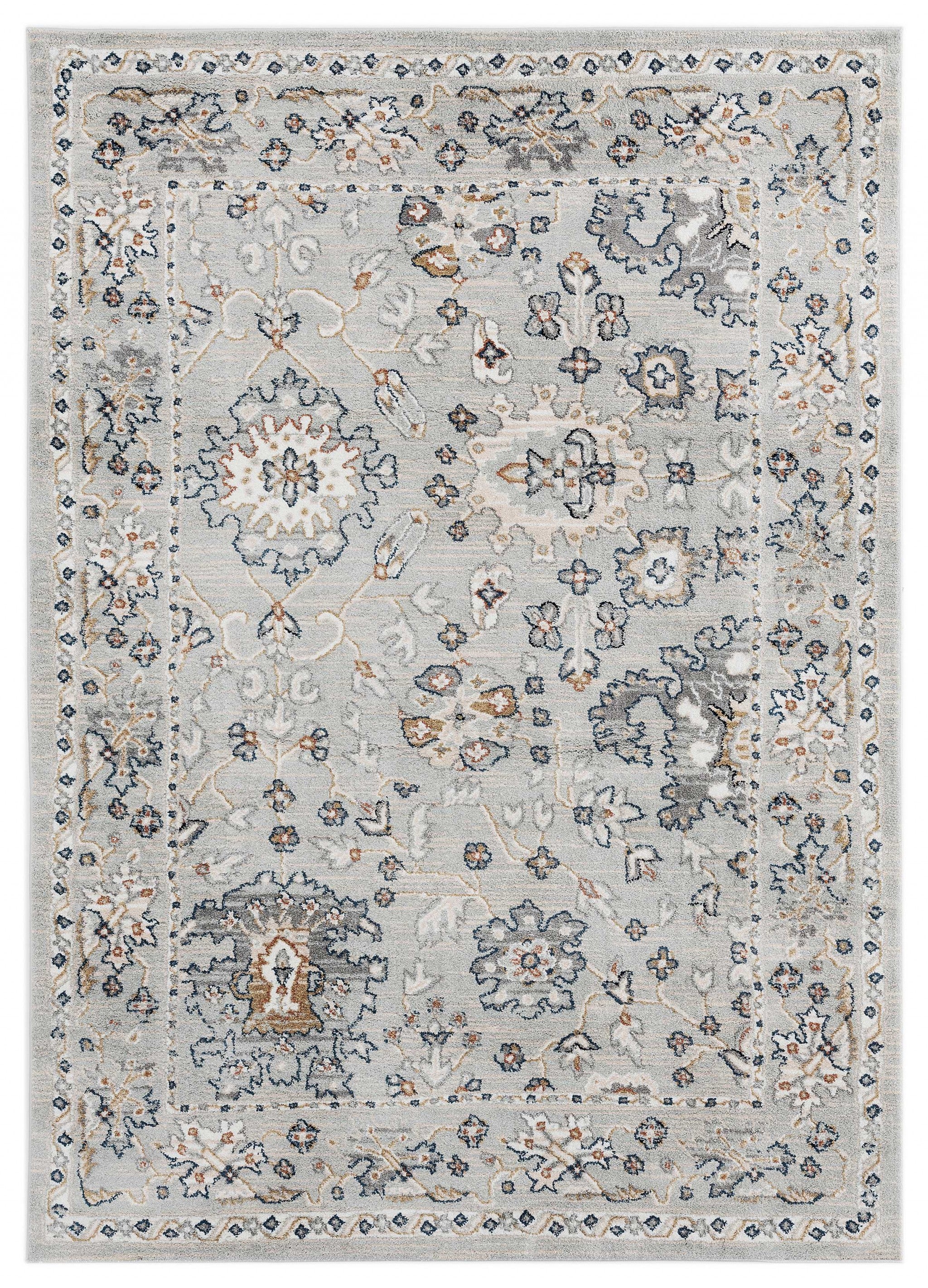 2' x 3' Ornate Design Neutral Tone  Gray Blue Accent Area Rug