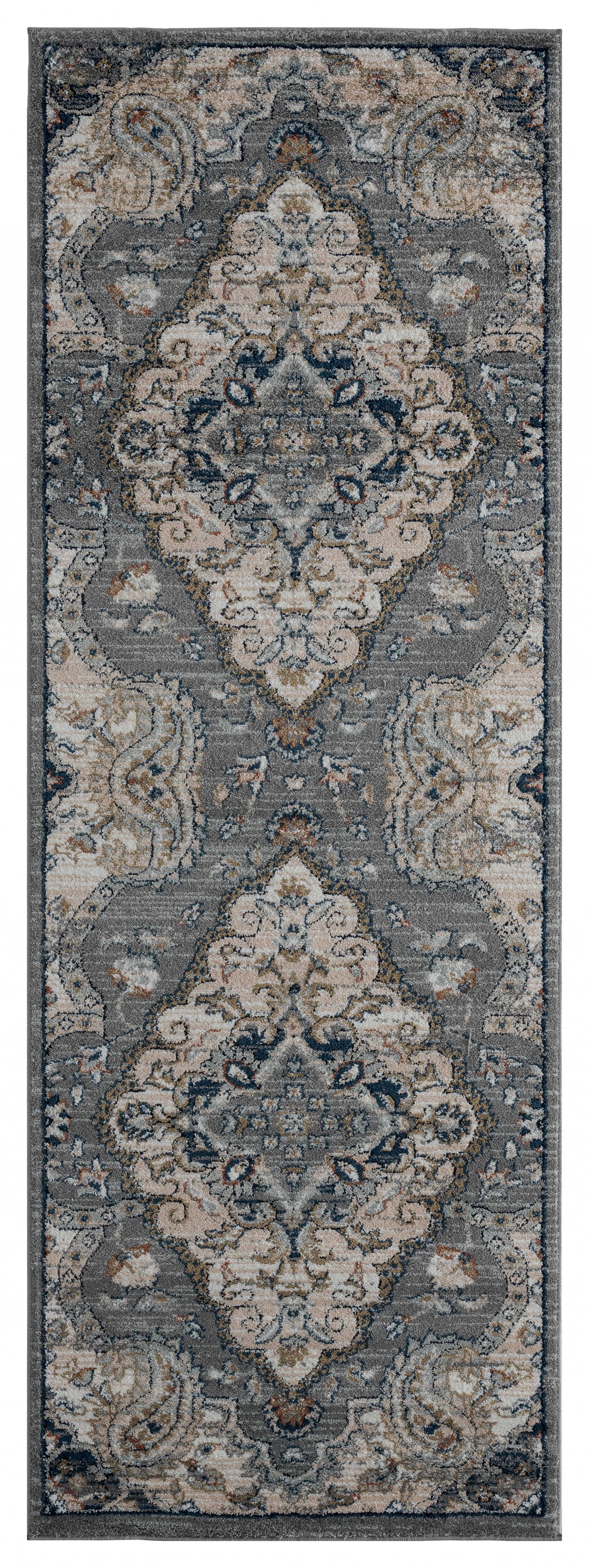 31" x 86" Blue / Grey Microfiber / Polyester Runner Rug