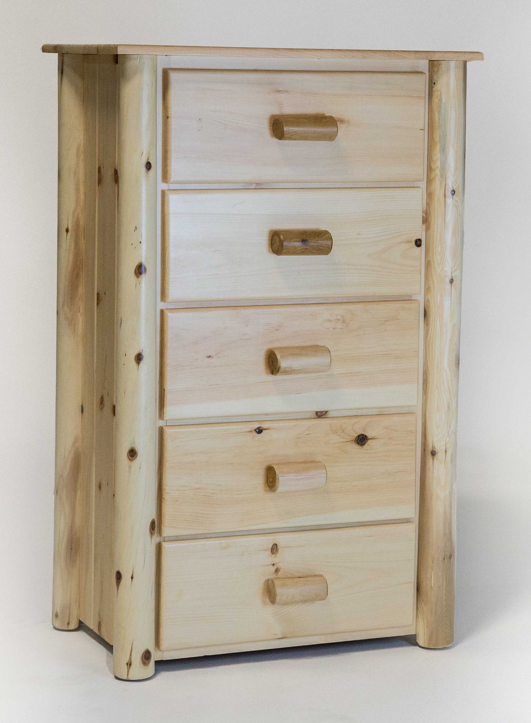 Natural Clear Finish Wood Five Drawer Dresser