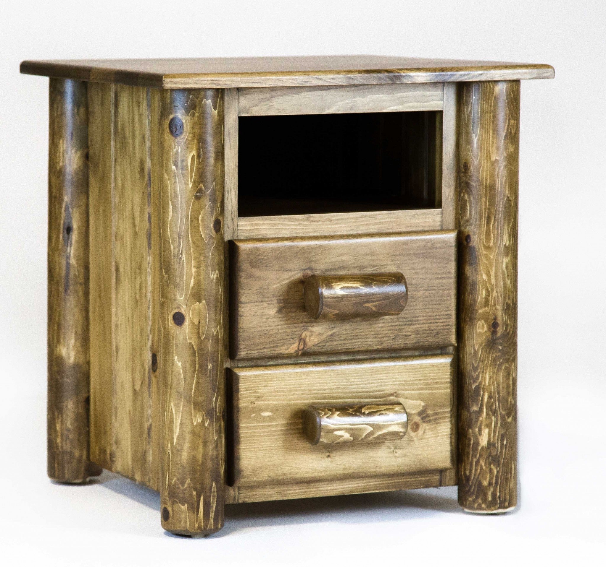 Natural Vintage Brown Finish Wood Two Drawer Nightstand