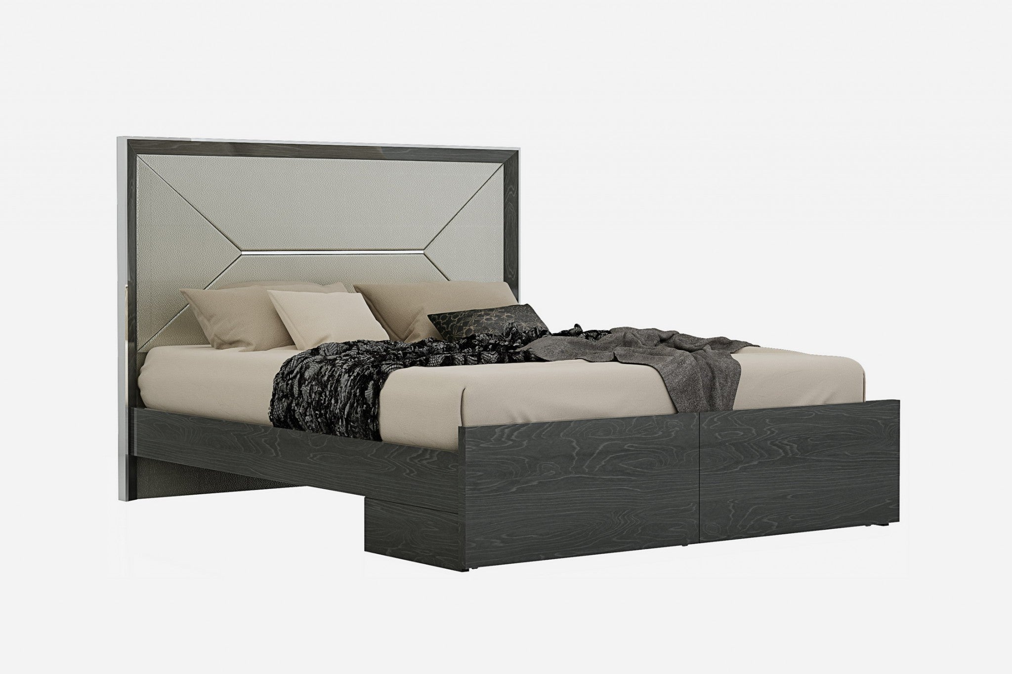 61" X 80" X 51" White Faux Leather & Stainless Steel Queen Bed