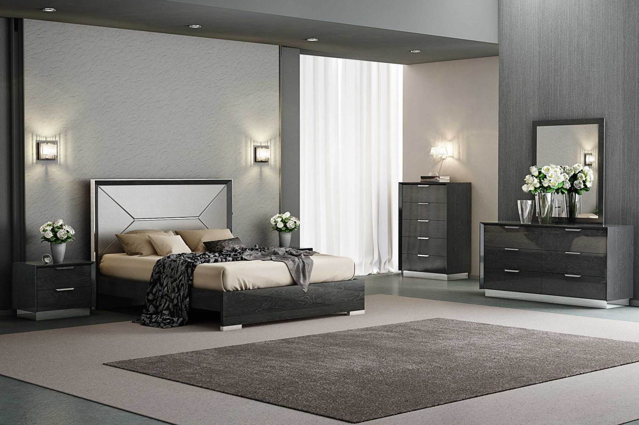 61" X 80" X 51" White Faux Leather & Stainless Steel Queen Bed