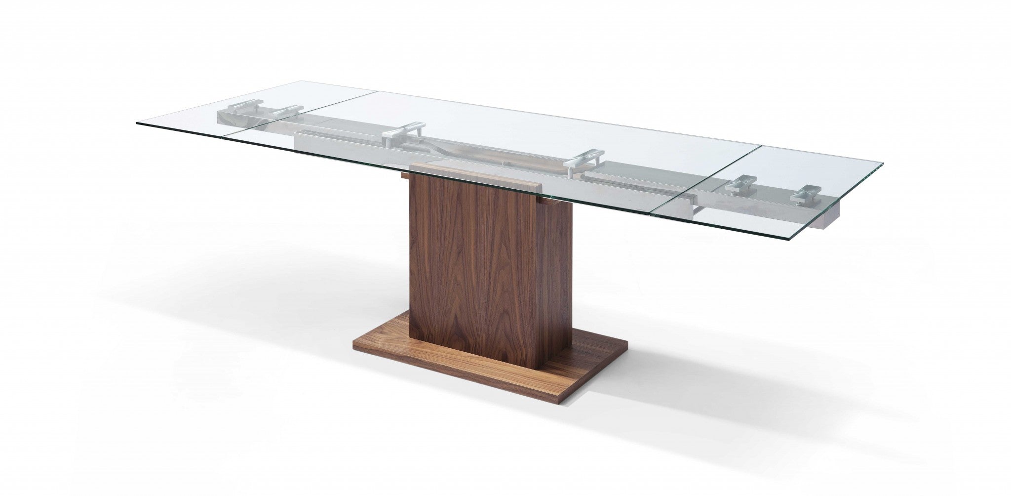 63" X 35" X 30" Walnut Glass Stainless Steel Extendable Dining Table