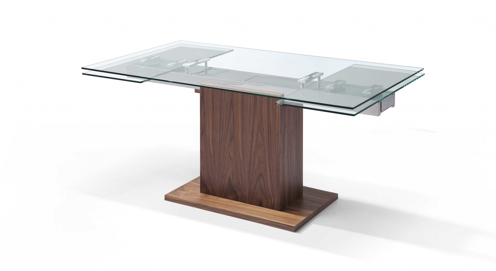 63" X 35" X 30" Walnut Glass Stainless Steel Extendable Dining Table