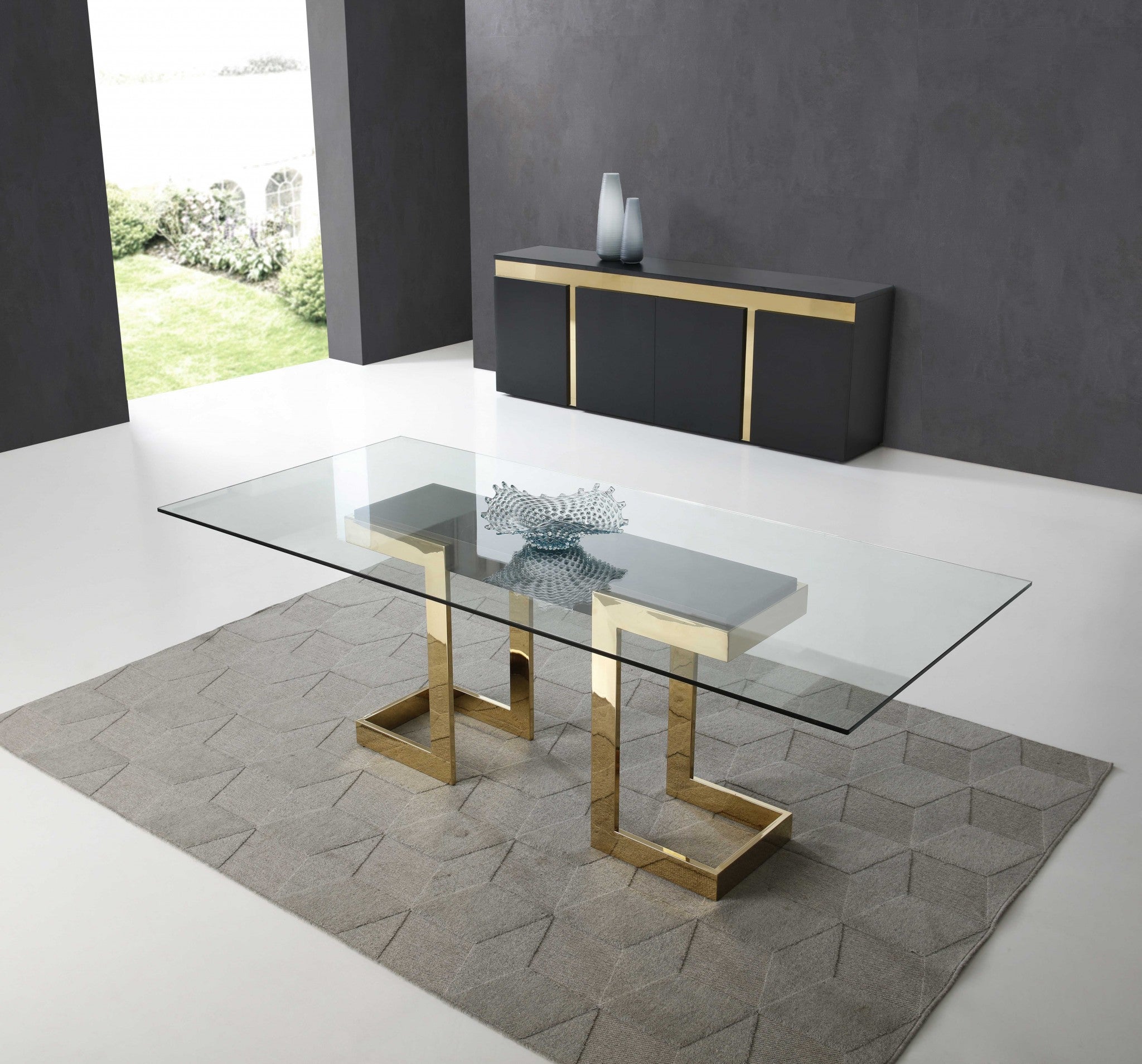 87" X 39" X 30" Polished Gold Glass Stainless Steel Dining Table