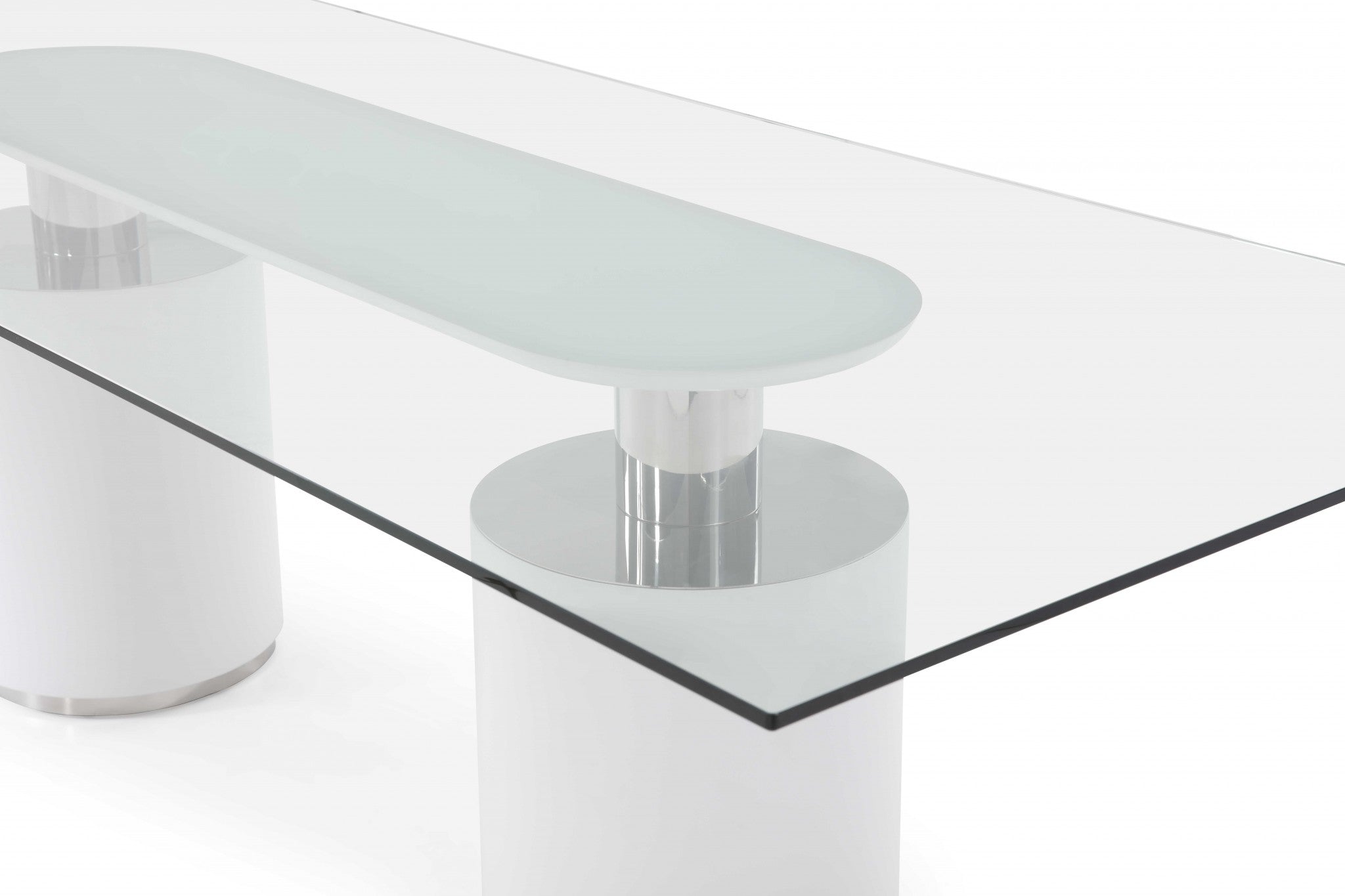 94" X 39" X 30" White Glass Stainless Steel Dining Table
