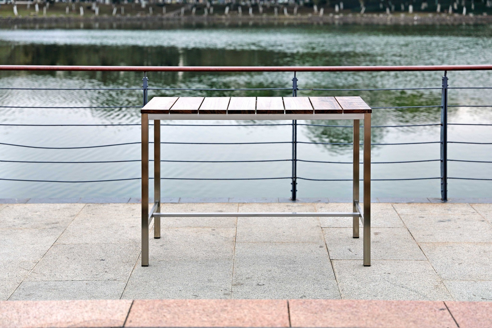 55" X 27" X 42" Teak Wood & Stainless Steel Bar Table