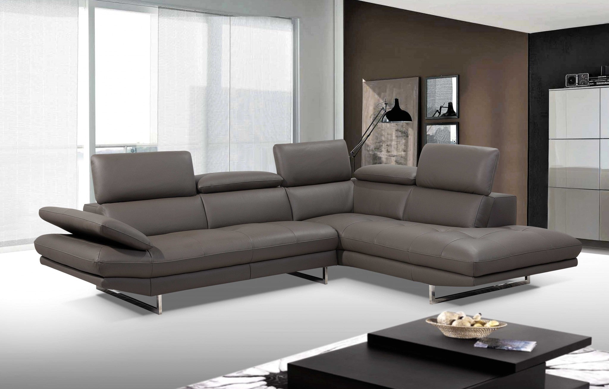 110" X 88" X 29"/37" Dark Gray Leather Sectional & Chaise
