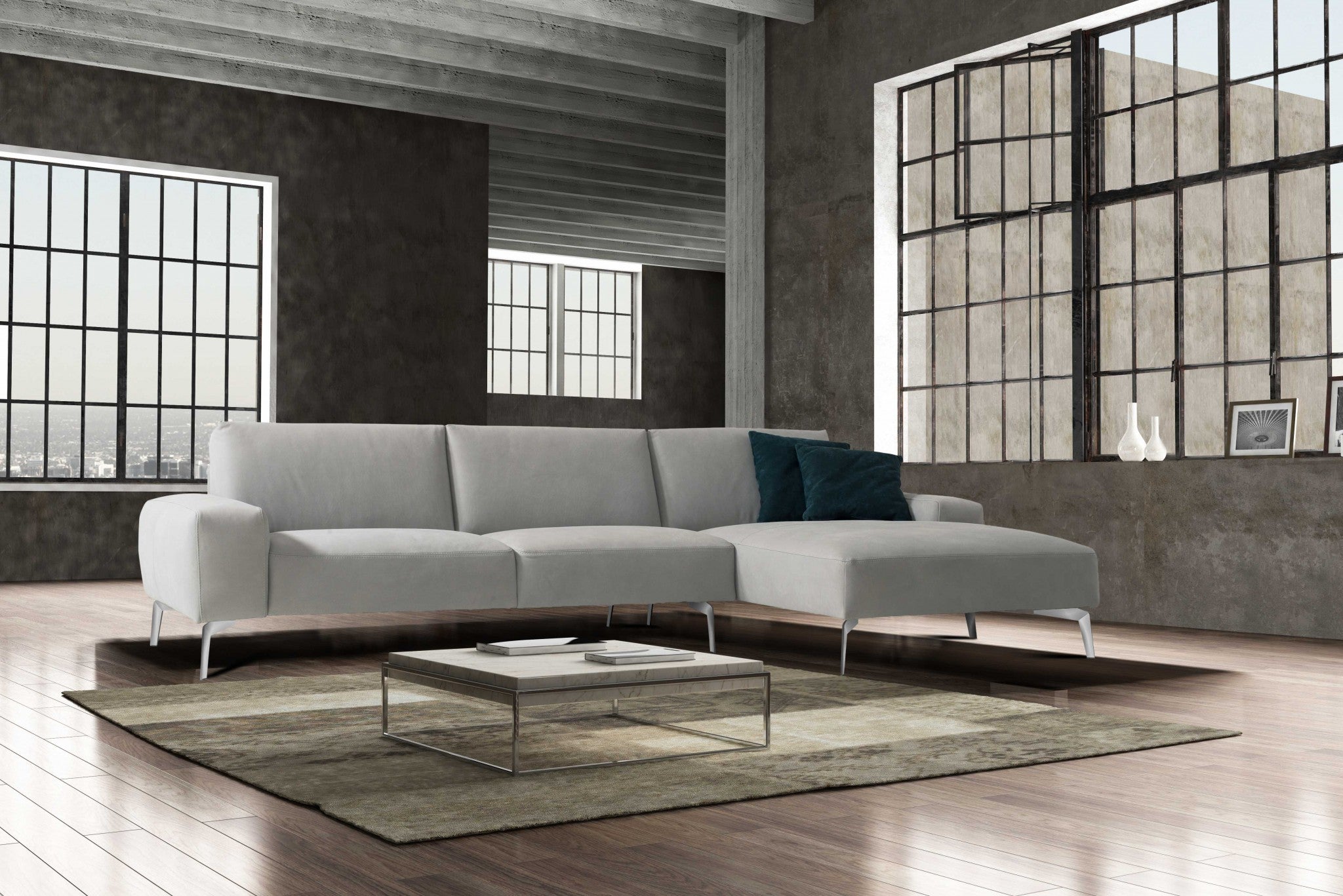 122" X 39" X 33" Light Gray Leather Sectional & Chaise