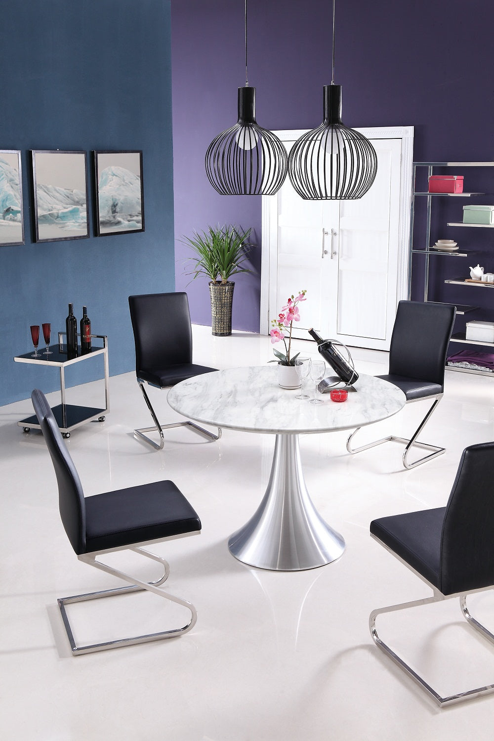 43" X 43" X 30" White Marble Stainless Steel Round Dining Table