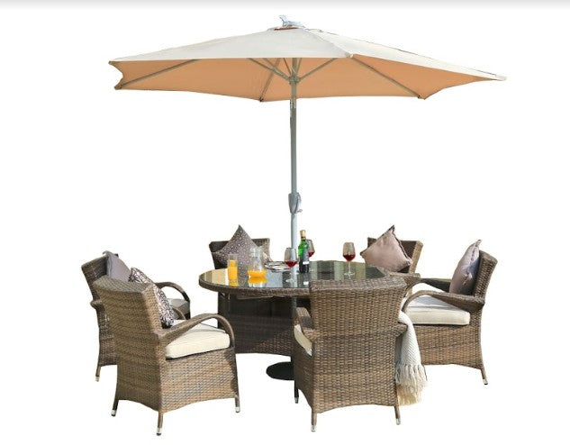 211" X 55" X 32" Brown 7Piece Outdoor Dining Set with Washed Cushion