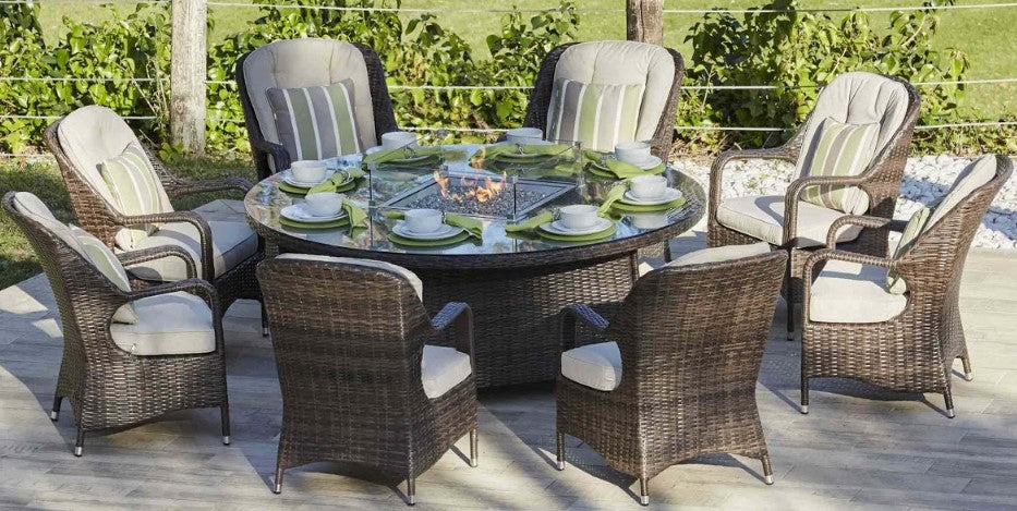 324.91" X 27.56" X 72.93" Brown Round Outdoor Gas Fir Pit Table With Chairs