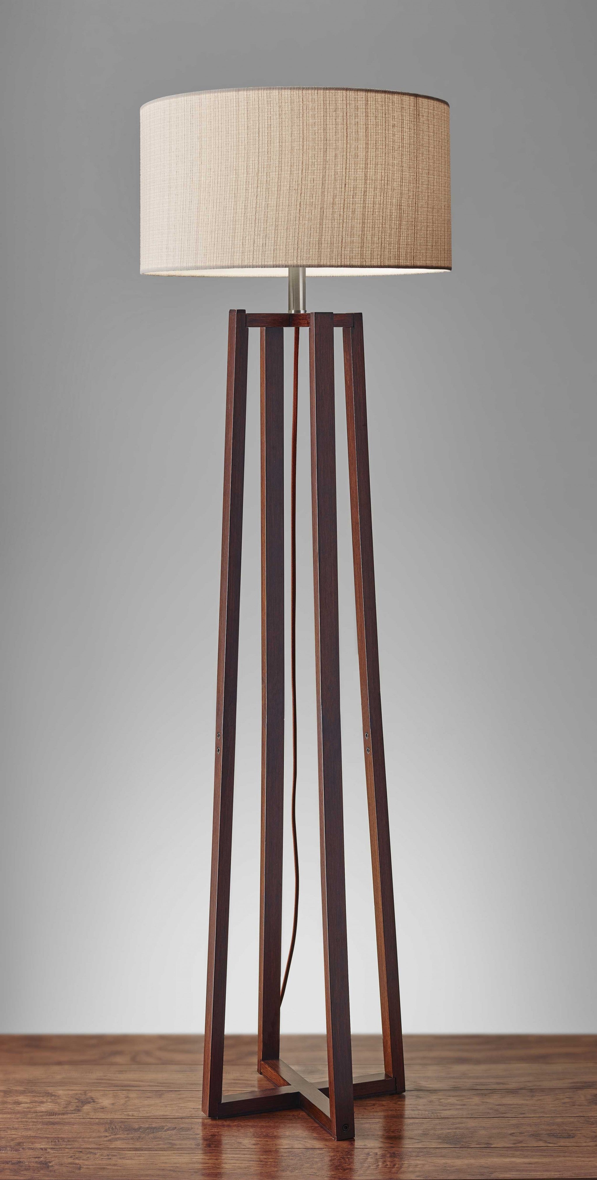 19" X 19" X 60" Walnut Wood Fabric Floor Lamp