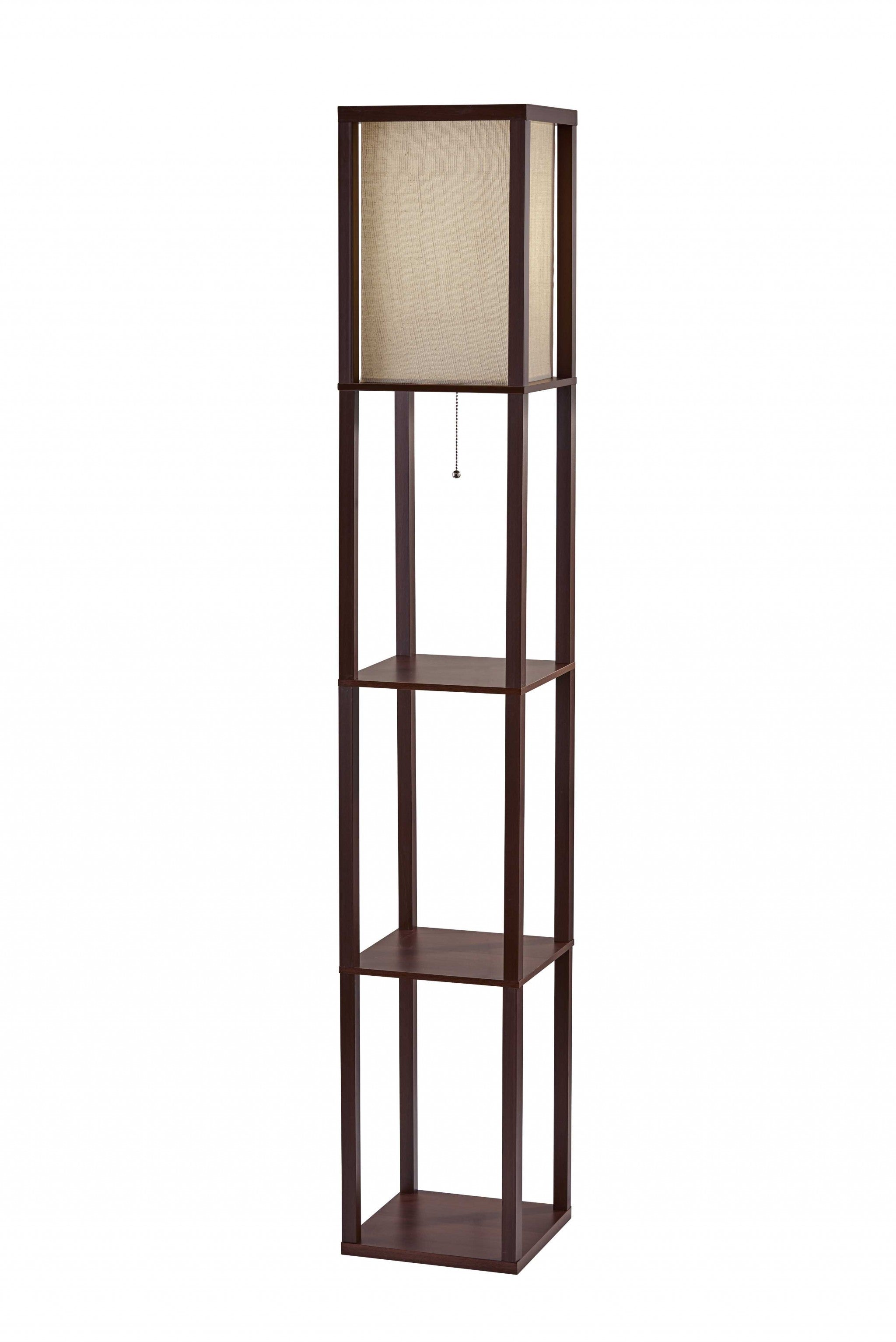 10.25" X 10.25" X 63" Walnut Fabric Shelf Lamp
