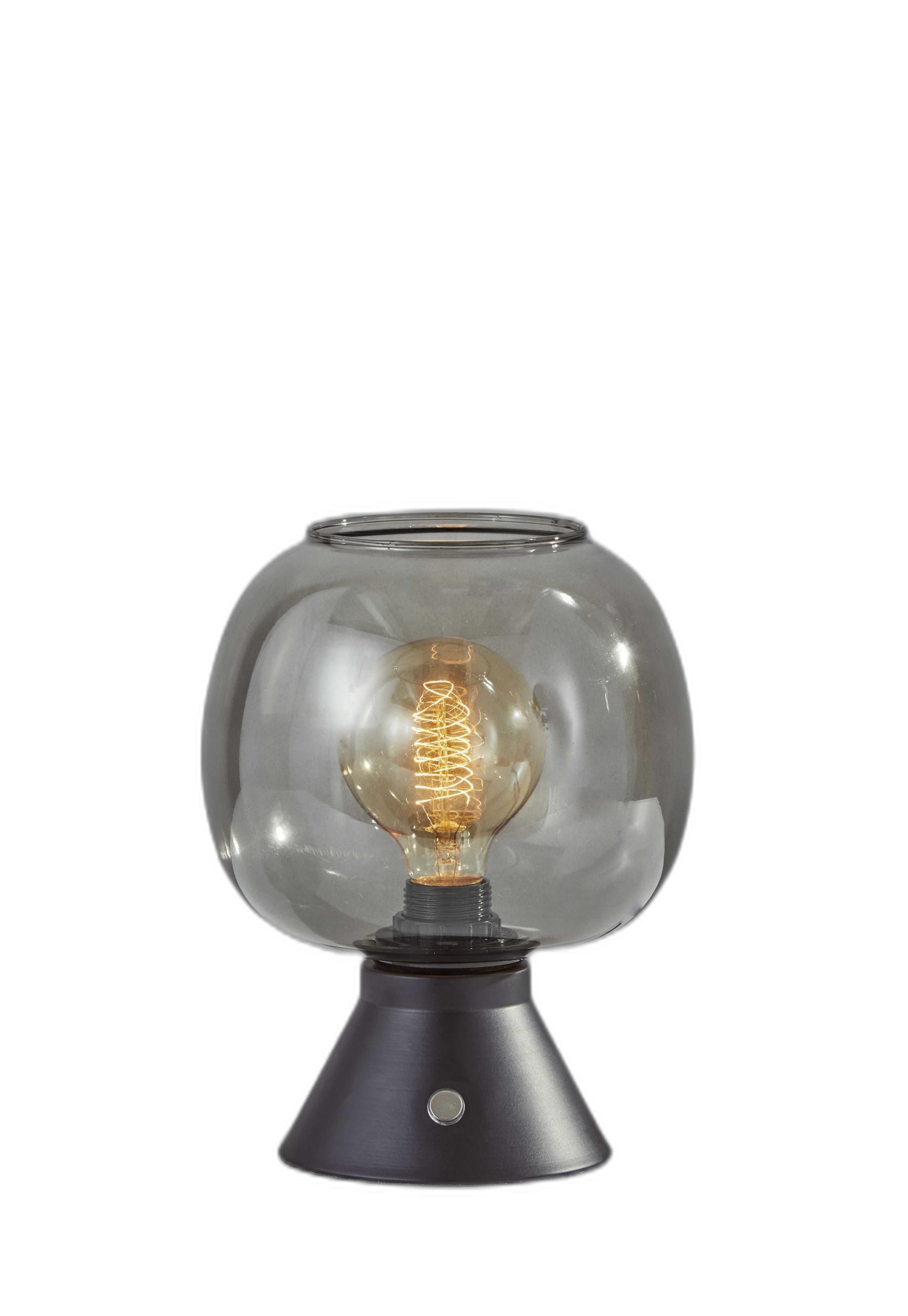 Smoked Glass Globe Shade with Vintage Edison Bulb and Matte Black Metal Table Lamp