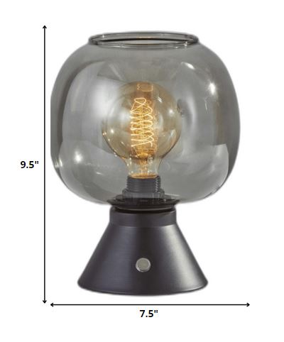Smoked Glass Globe Shade with Vintage Edison Bulb and Matte Black Metal Table Lamp