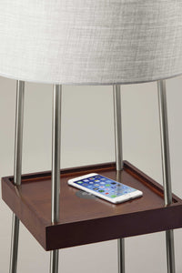 16" X 16" X 63.25" Walnut Wood Metal Shelf Floor Lamp
