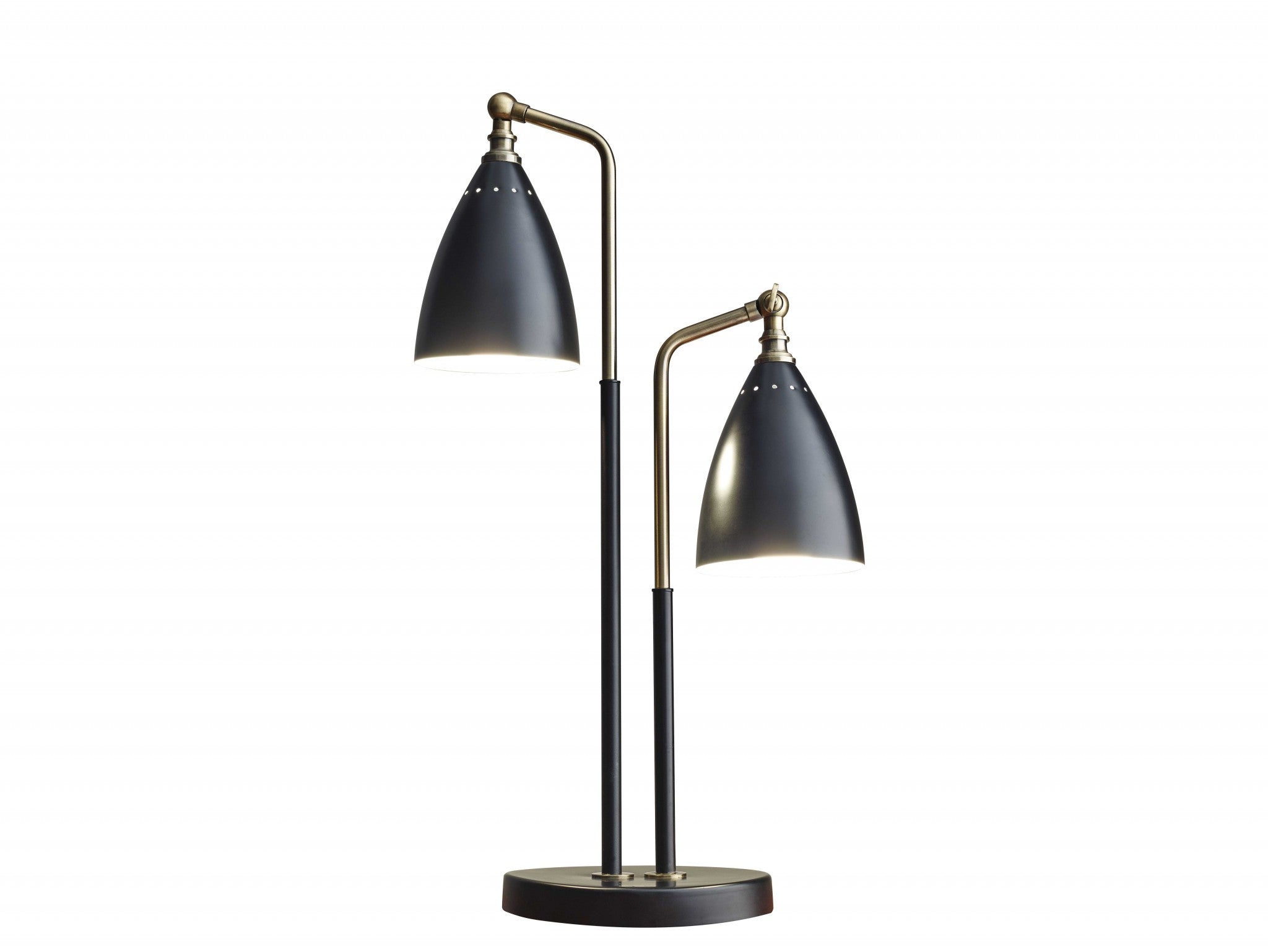 Matte Black Metal and Antique Brass Two Light Adjustable Table Lamp