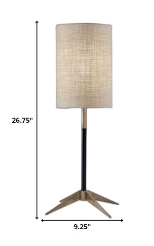 Antique Brass Metal Tripod Base with Matte Black Accent and Tall Natural Fabric Shade Table Lamp
