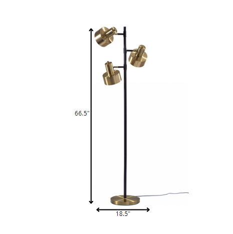 Three Light Floor Lamp with Matte Black Pole and Adjustable Antique Brass Metal Shades