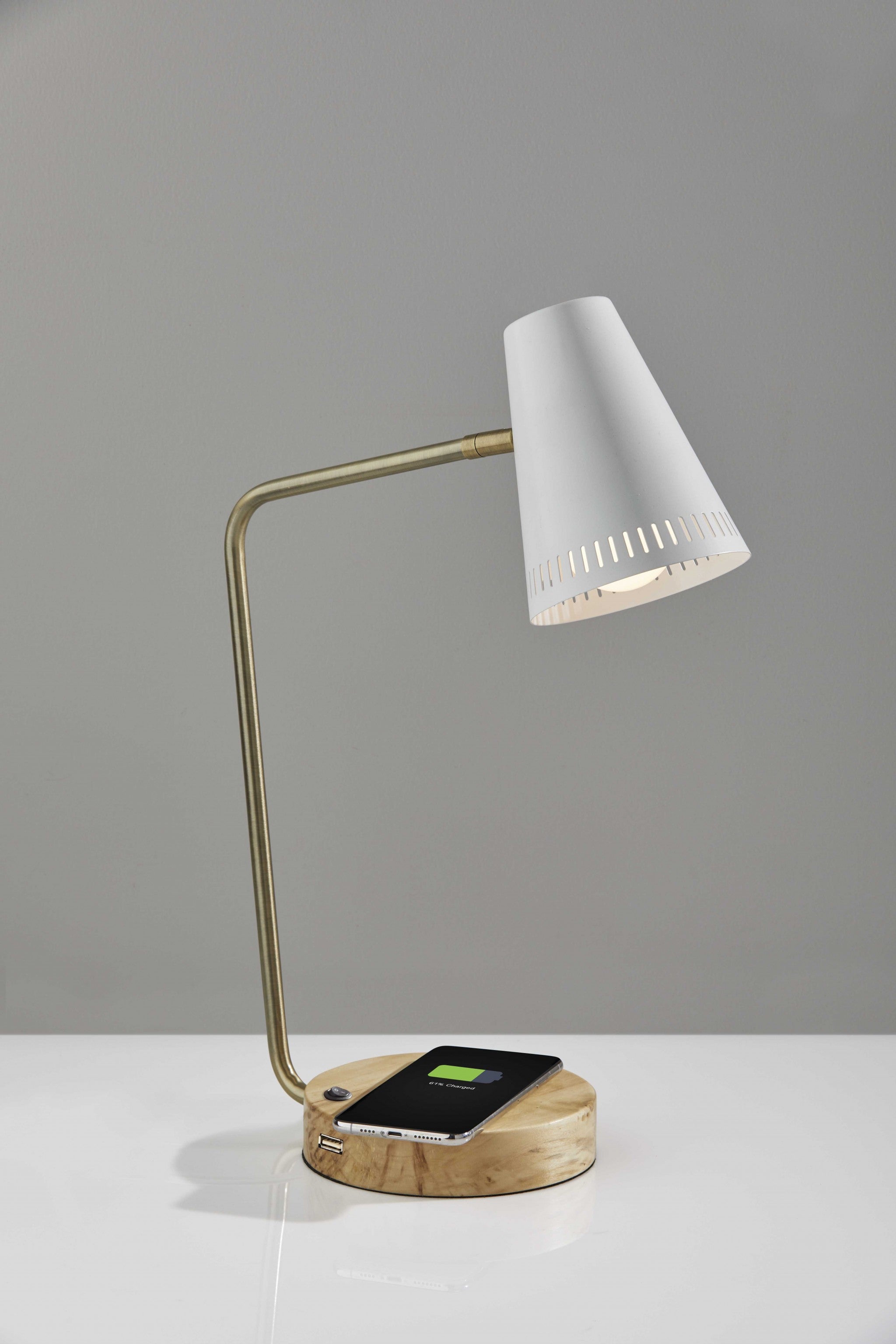 6.25" X 13.5"  X 18" White Metal Wireless Charging Desk Lamp
