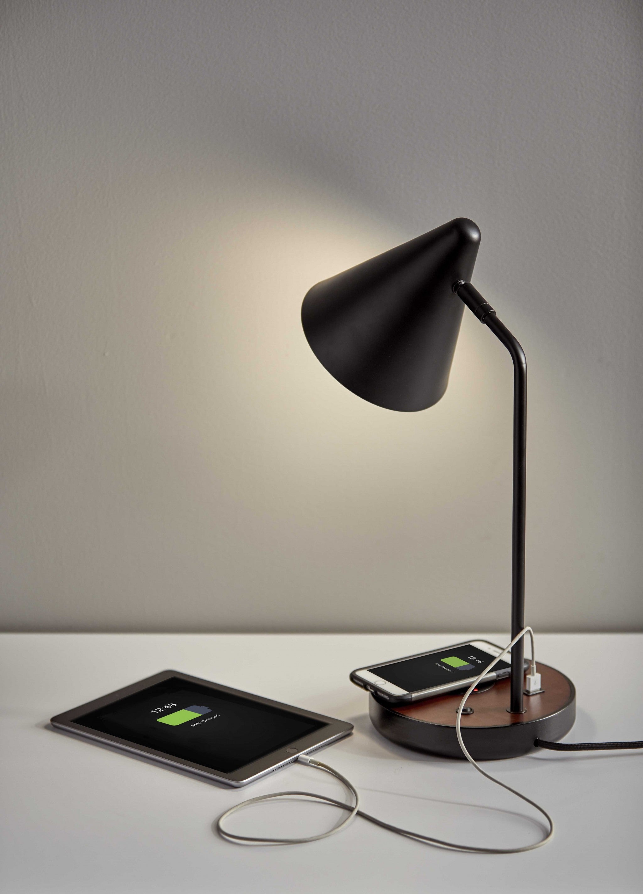 Matte Black Metal Wireless Charging Adjustable Desk Lamp with Walnut Wood Accent