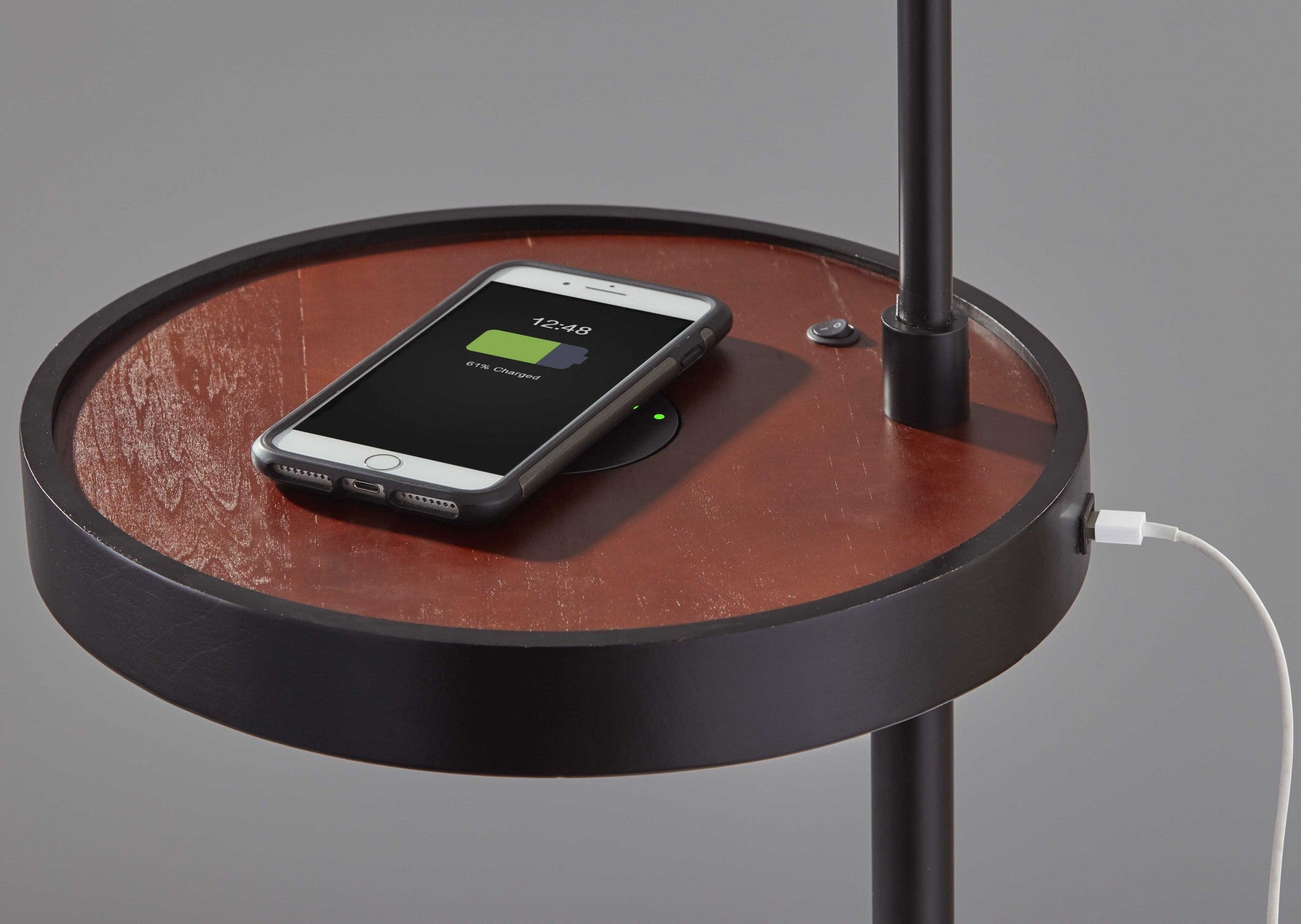 12.5" X 16" X 59" Brushed Steel Metal Wireless Charging Task Shelf Floor Lamp
