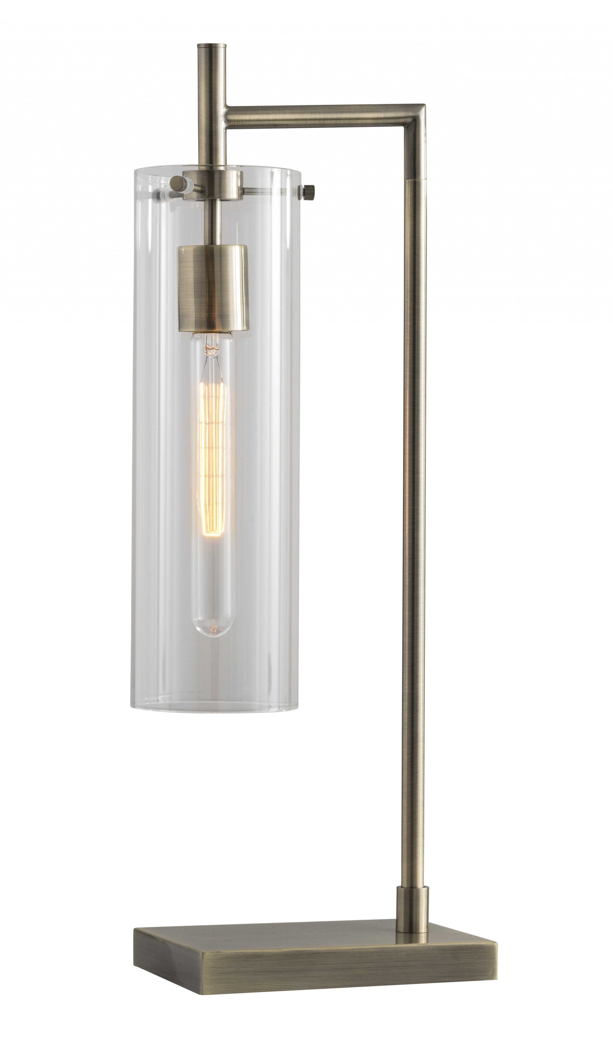 Sleek Clear Glass Cylinder Shade with Vintage Filament Bulb Antique Brass Metal Table Lamp