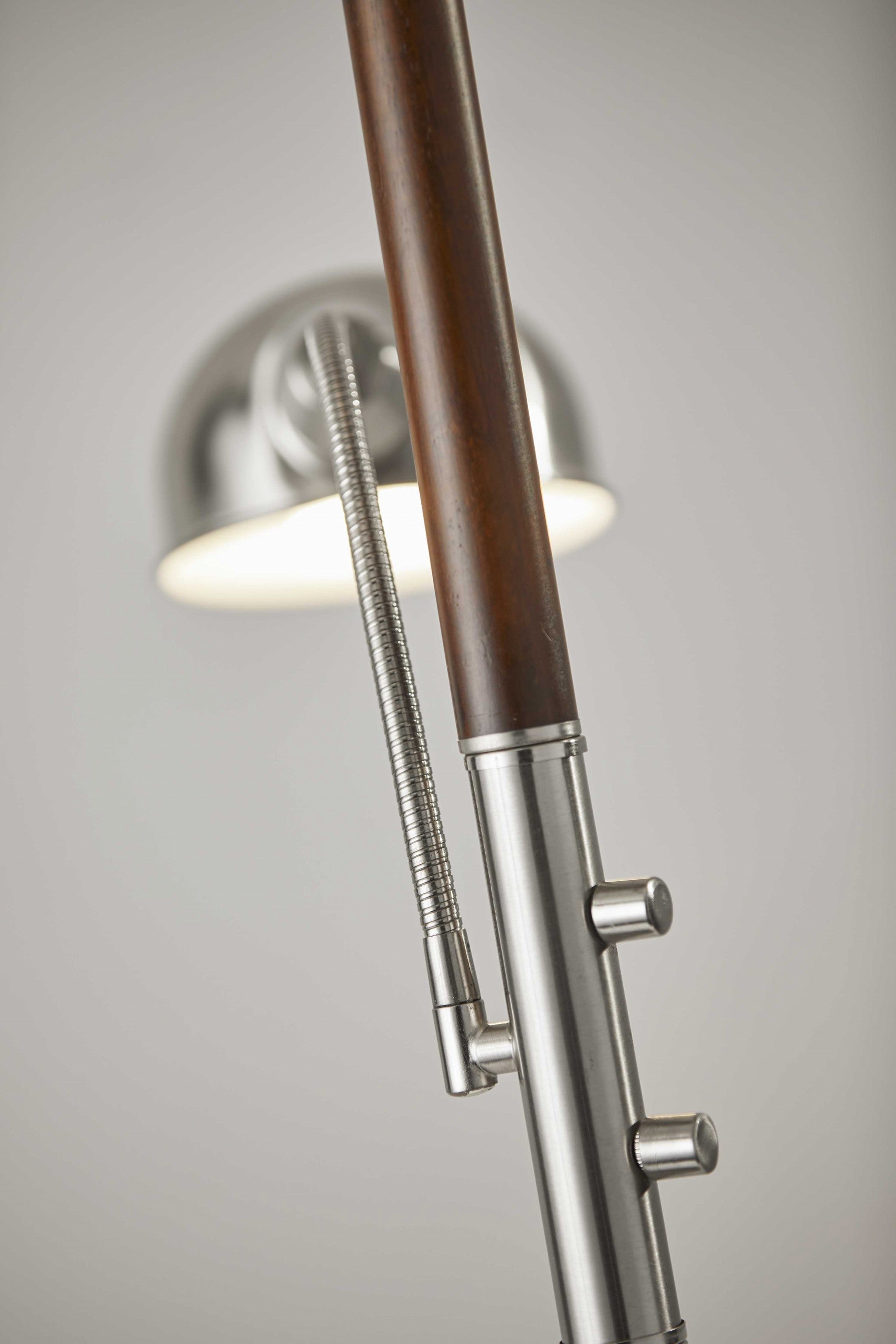 Two Light Combo Floor Lamp Wood Brushed Steel Torchiere with Frosted Glass Dome Shade and Reading Light with Brushed Steel Dome Shade