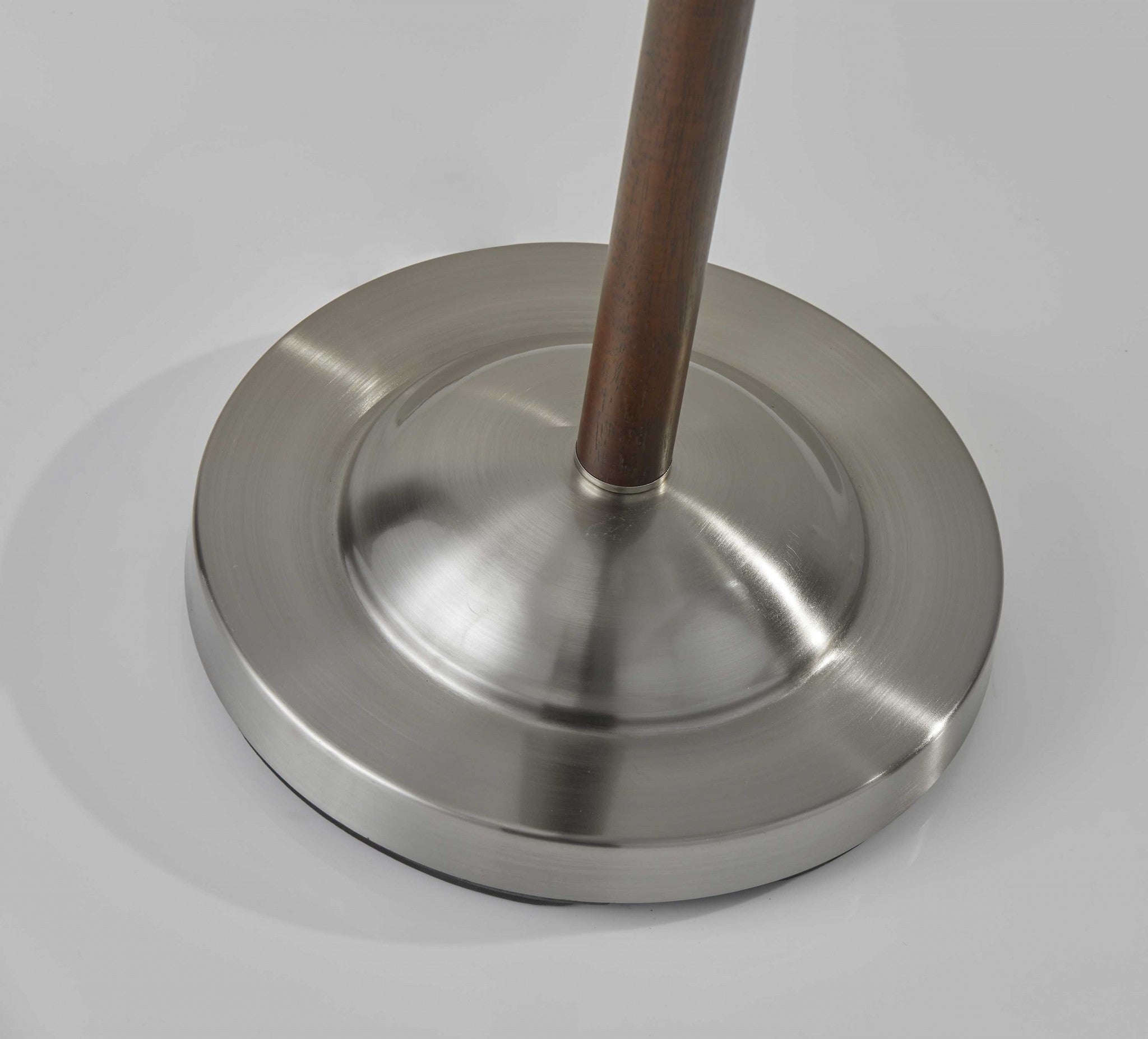 Two Light Combo Floor Lamp Wood Brushed Steel Torchiere with Frosted Glass Dome Shade and Reading Light with Brushed Steel Dome Shade