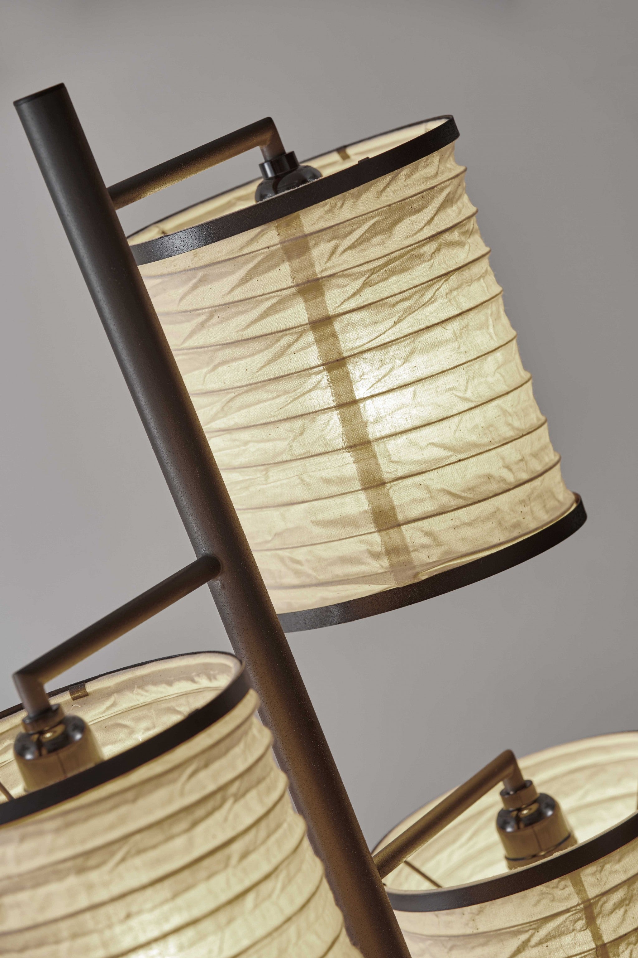 Three Light Floor Lamp Dark Bronze Finish with Off White Lanterns