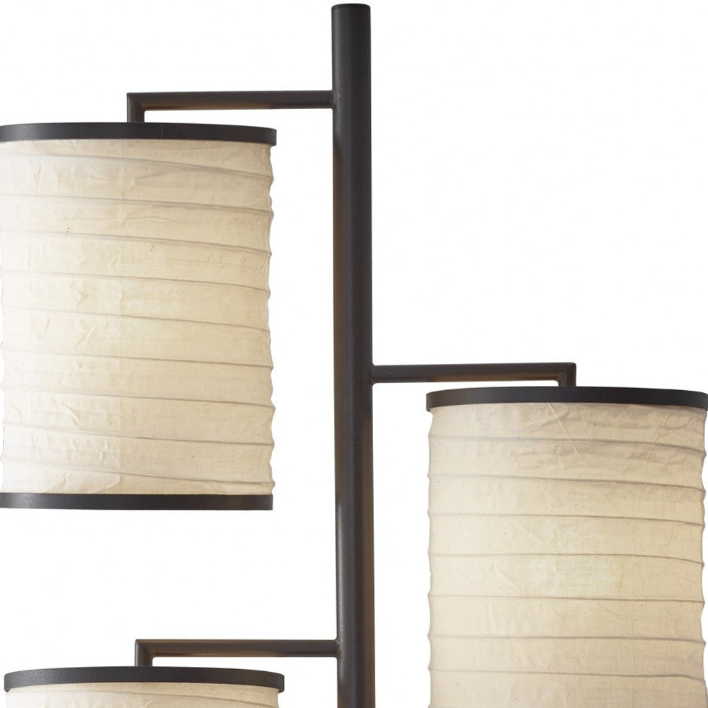 Three Light Floor Lamp Dark Bronze Finish with Off White Lanterns