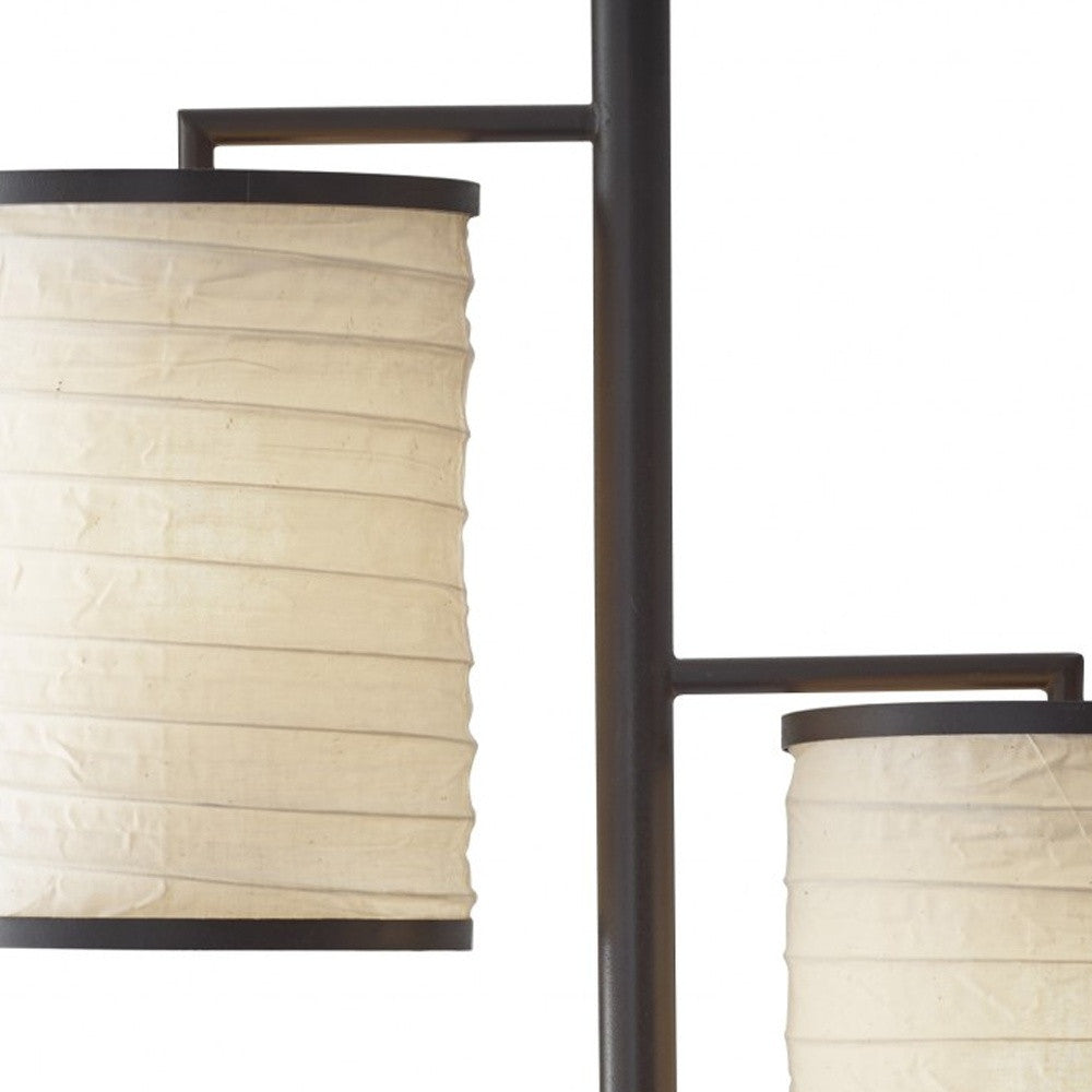 Three Light Floor Lamp Dark Bronze Finish with Off White Lanterns