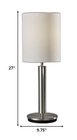 Brushed Steel Metal Stout Pole with Tall Silk Shade Table Lamp
