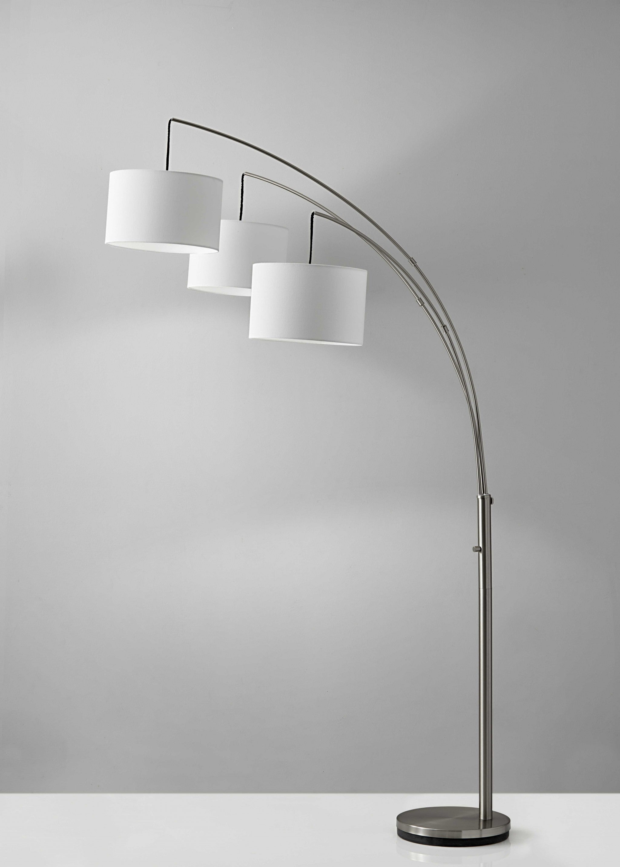 Three Light Brushed Steel Metal Arc Floor Lamp with Suspended White Drum Shades