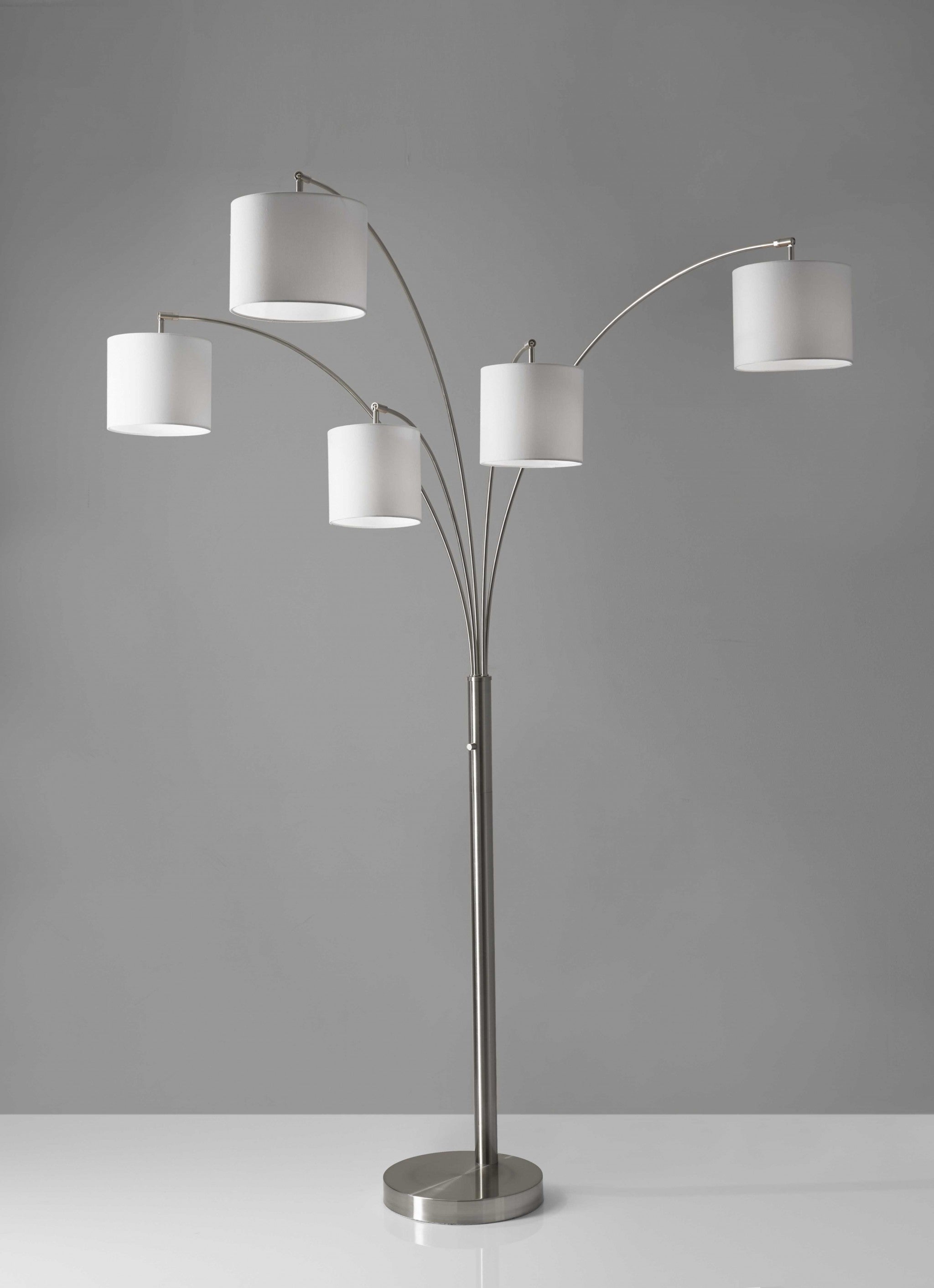Five Light Floor Lamp Brushed Steel Arc Arms and Petite White Drum Shades
