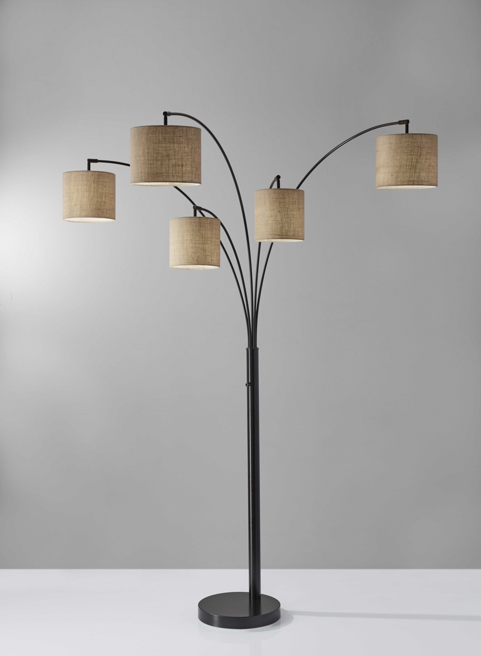 Five Light Floor Lamp Brushed Steel Arc Arms and Petite White Drum Shades