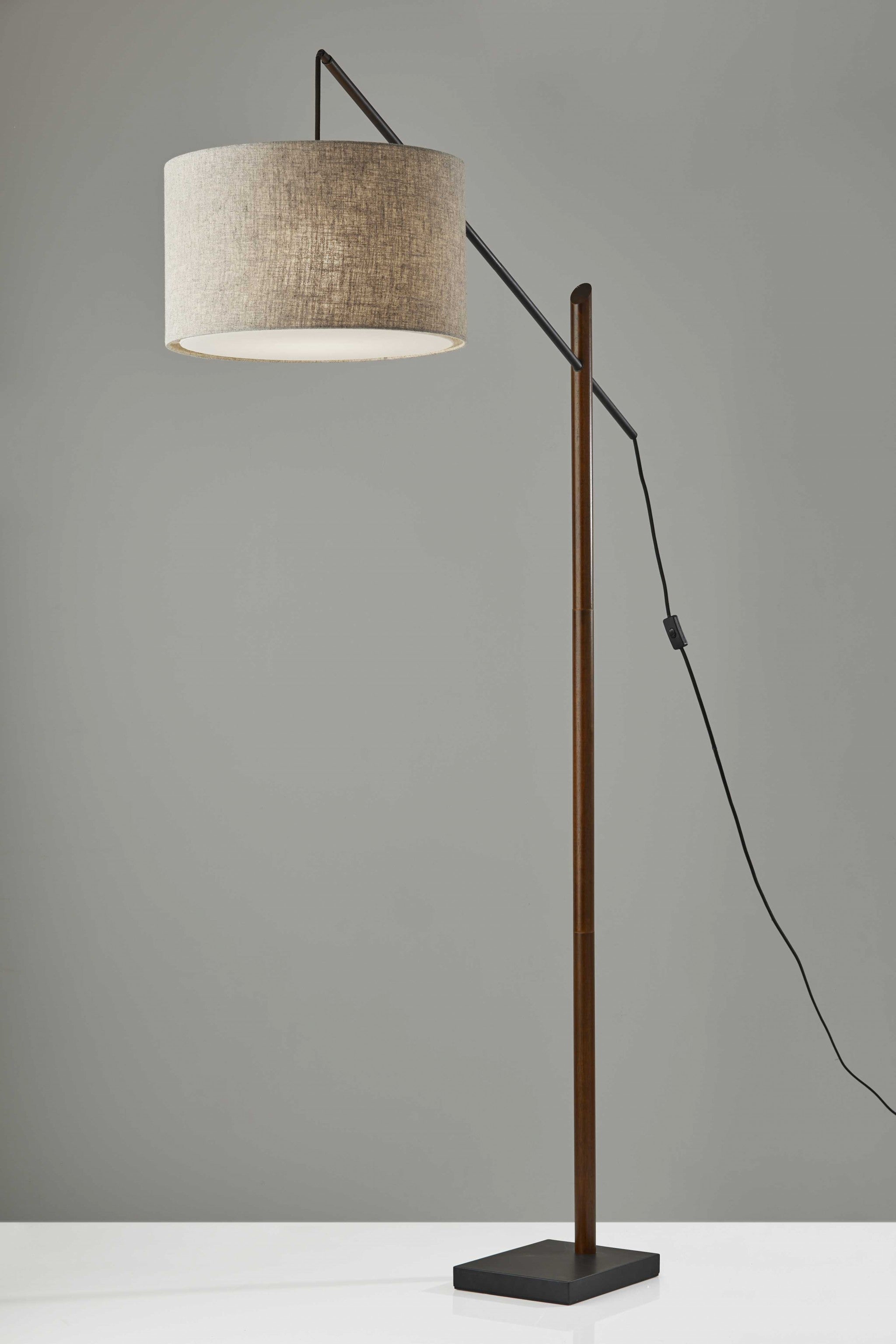 Sculptural Wood Floor Lamp with Adjustable Black Metal Arm