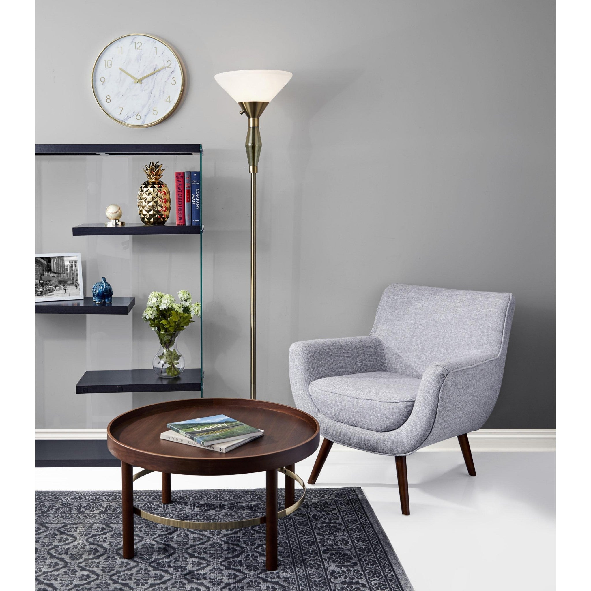 Green Glass Bauble Torchiere Floor Lamp in Burnished Brass Finish