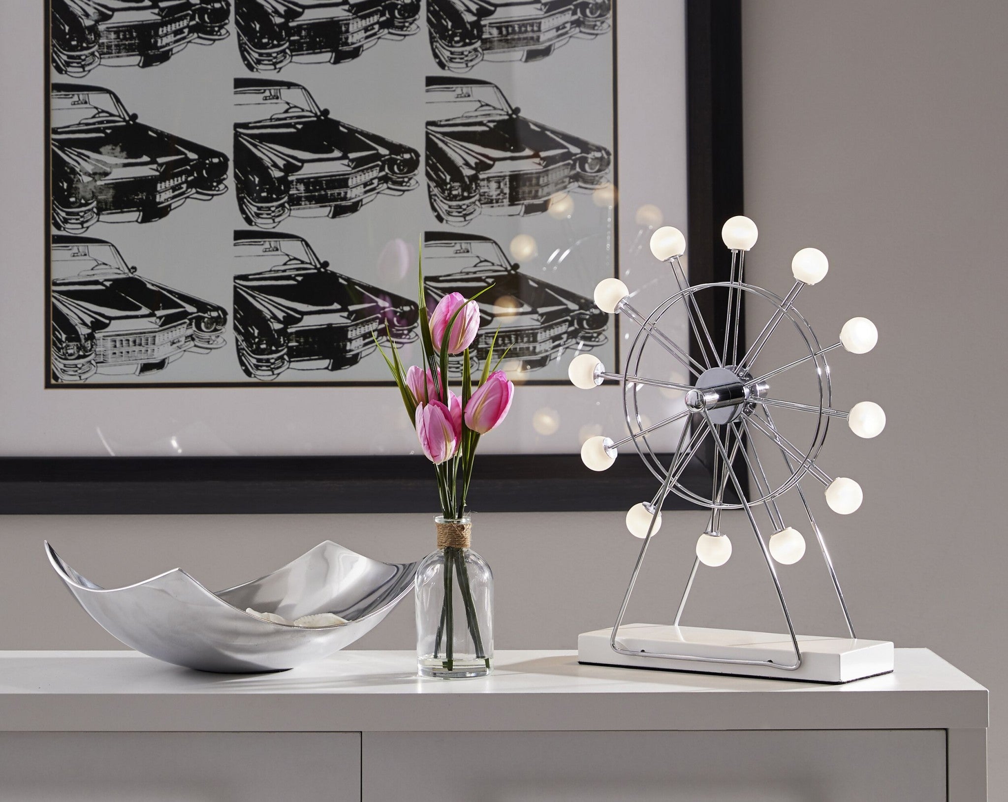 12" X 4" X 15.25" Chrome Metal Small LED Ferris Wheel Lamp