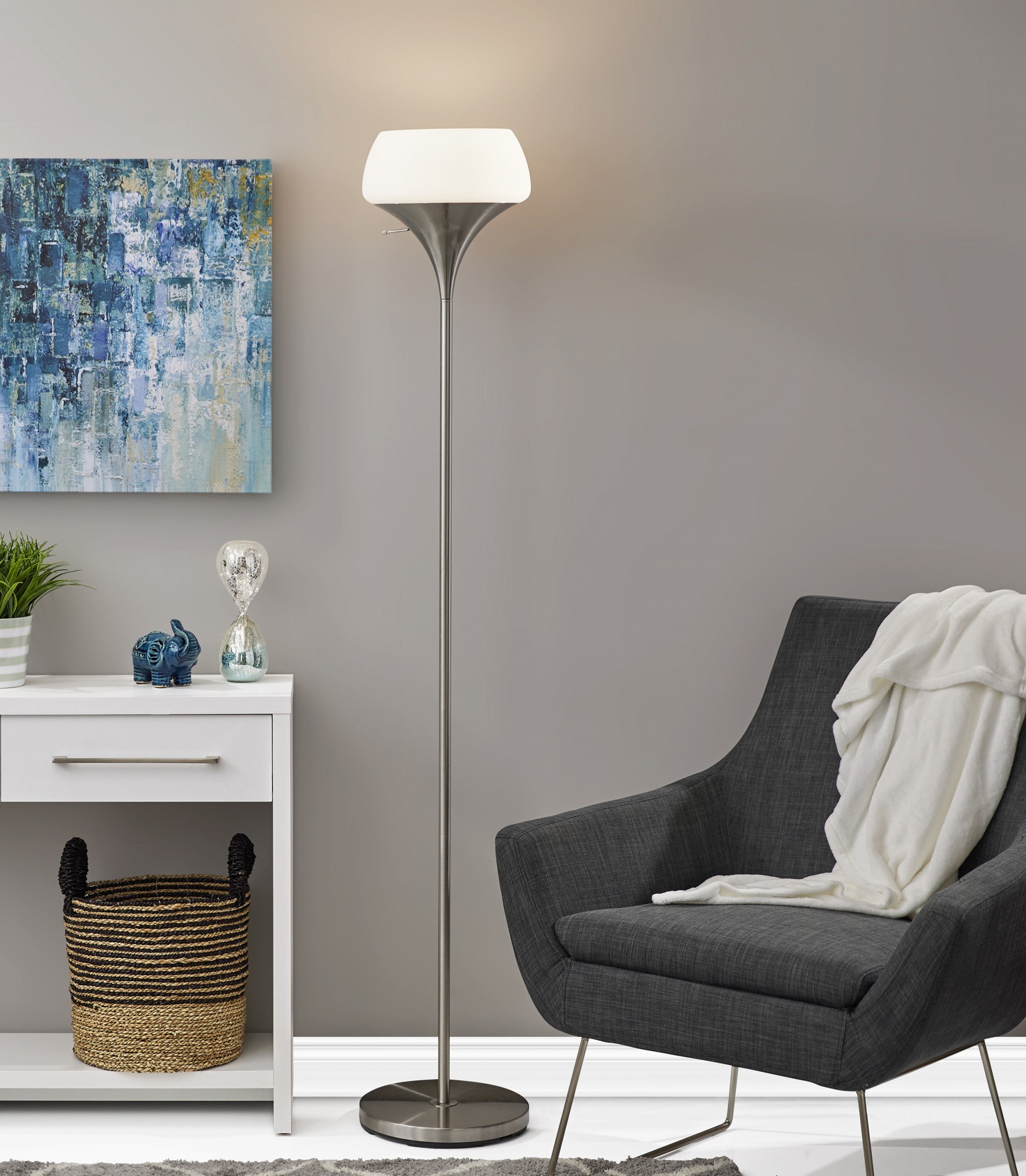 Chalice Mixed Material Torchiere With Black Metal Smoked Glass