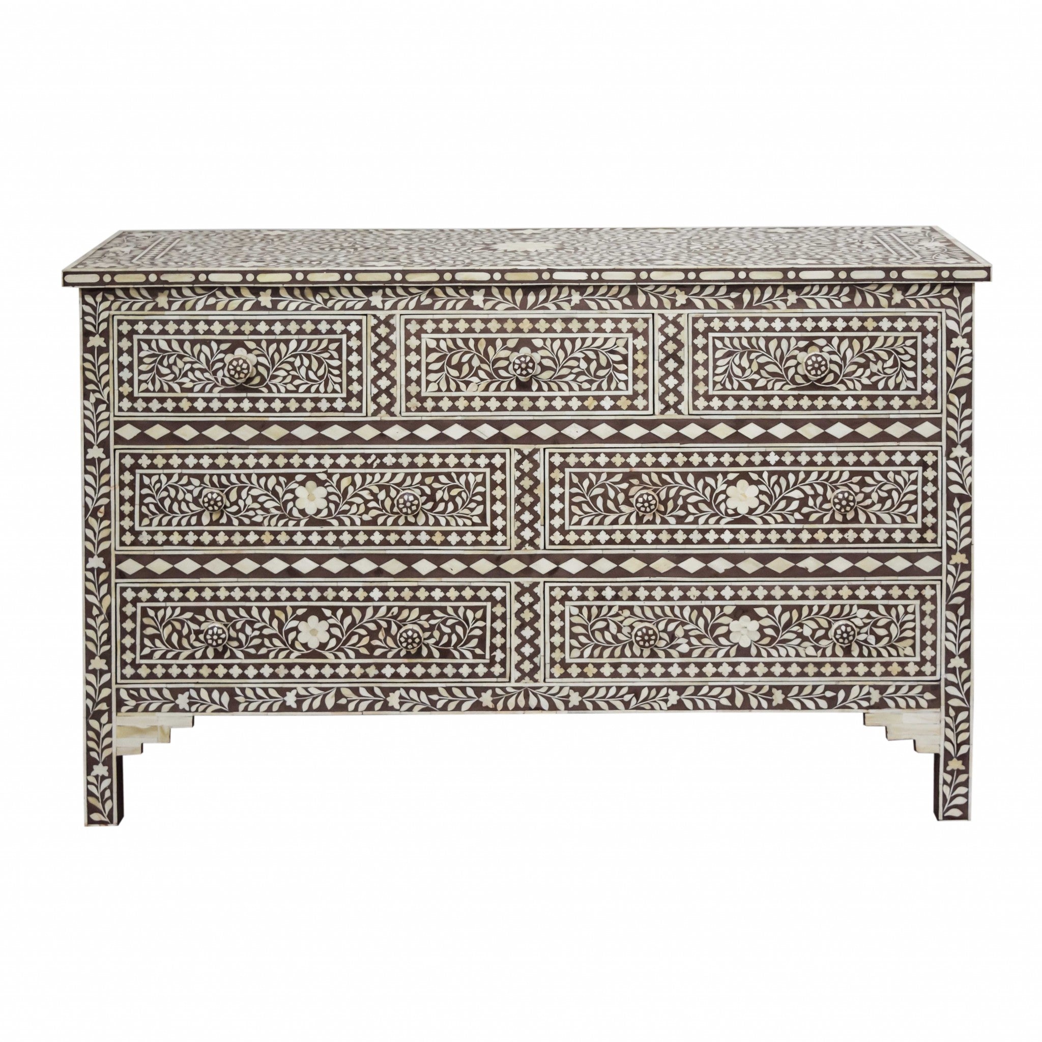 19" X 55" X 35" Brown Bone Resin Mdf Birchwood Ply Chest 7 Drawers