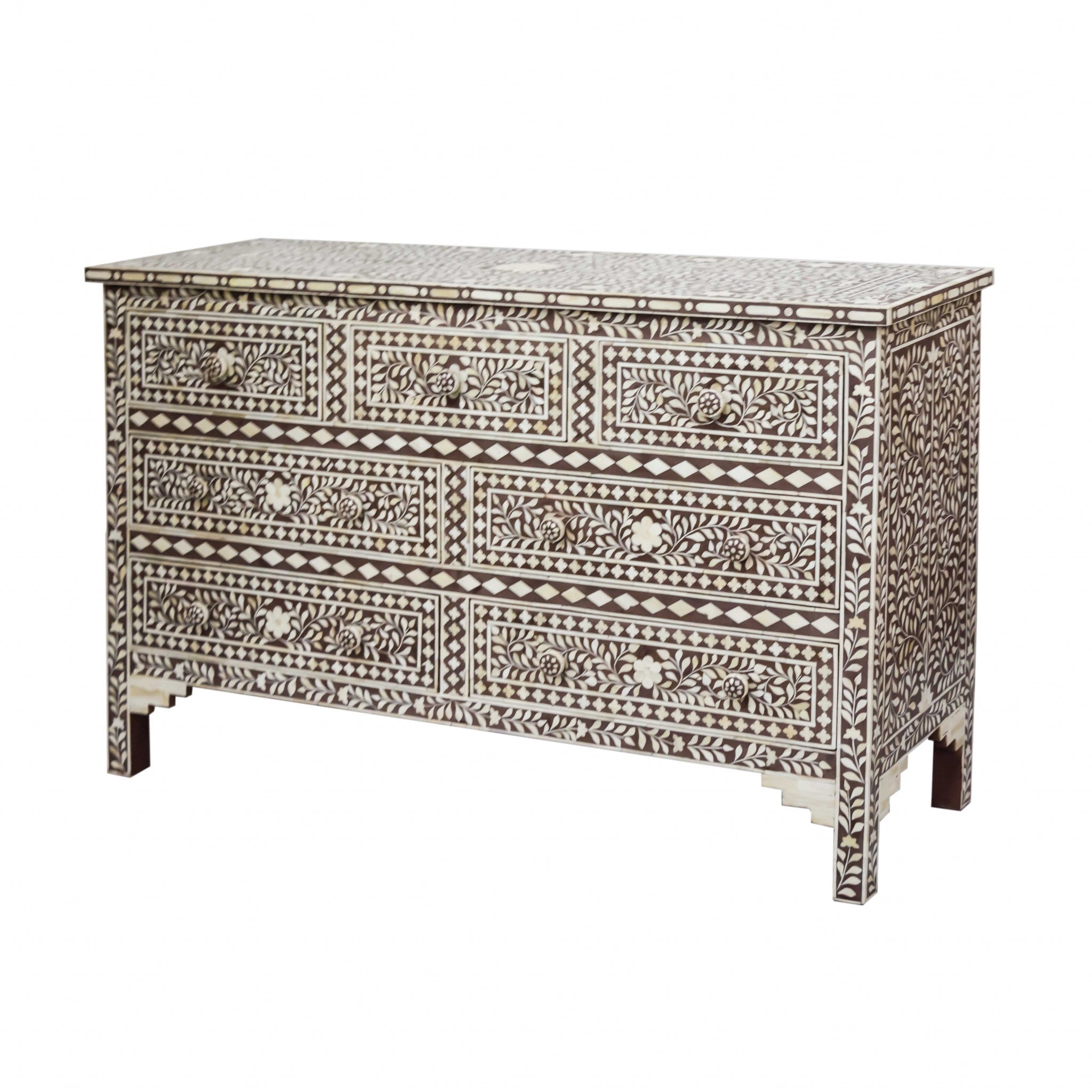 19" X 55" X 35" Brown Bone Resin Mdf Birchwood Ply Chest 7 Drawers